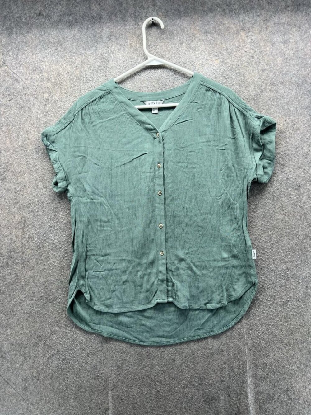 Orvis Blouse Women Small Green V Neck Short Sleeve Button Front Woven Casual Top